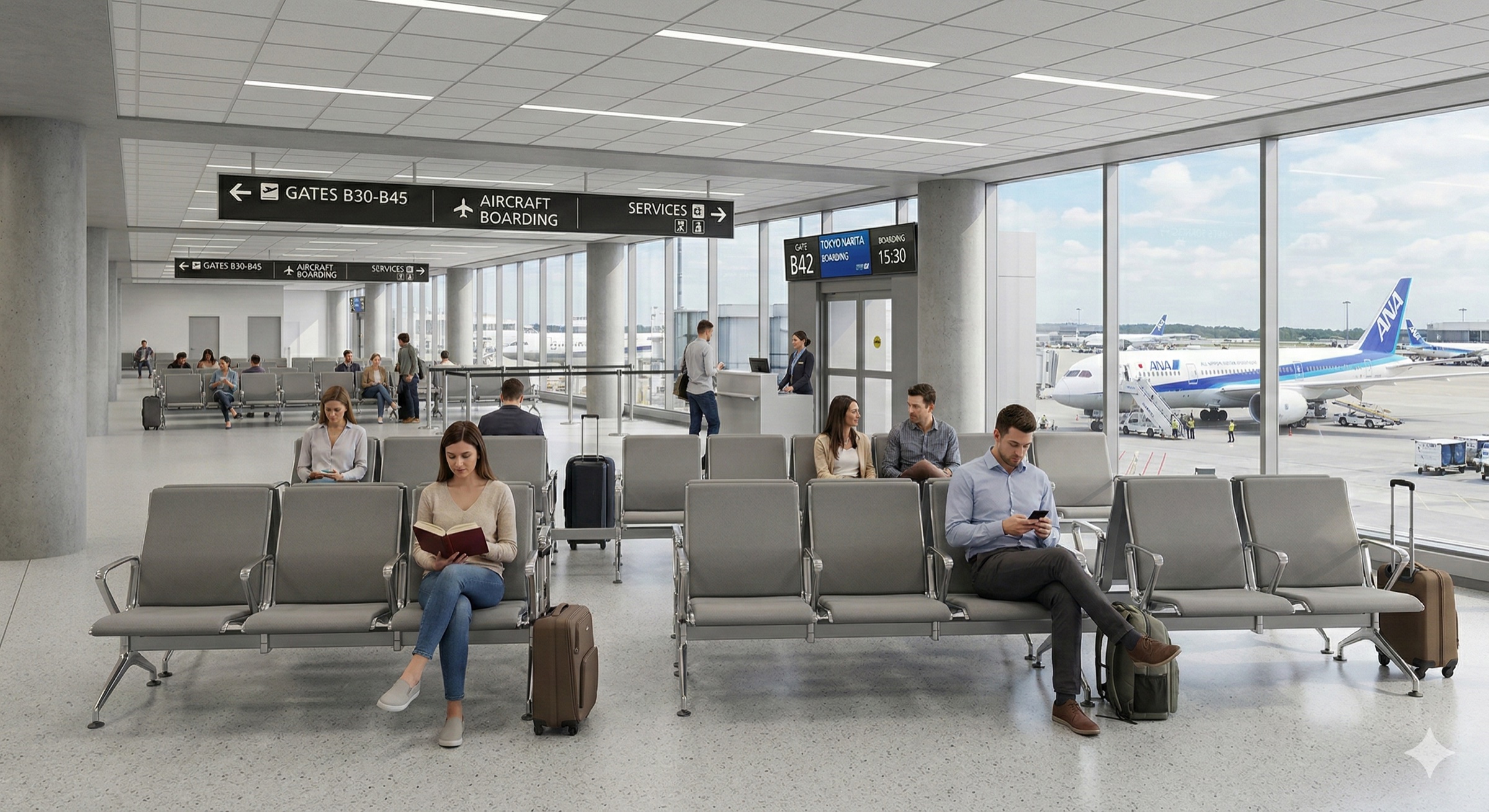 Standard Zone render: familiar seating rows with wider buffer spacing, maximized end seats, and clear sightlines to the gate door and boarding display.